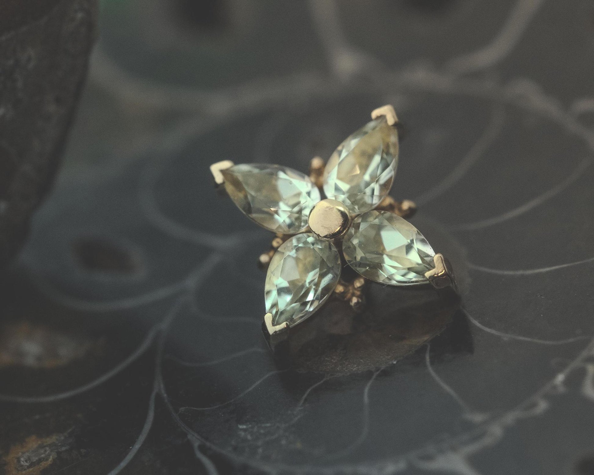 Pear Pleades with Green Quartz in 14k Yellow Gold Threaded by BVLA