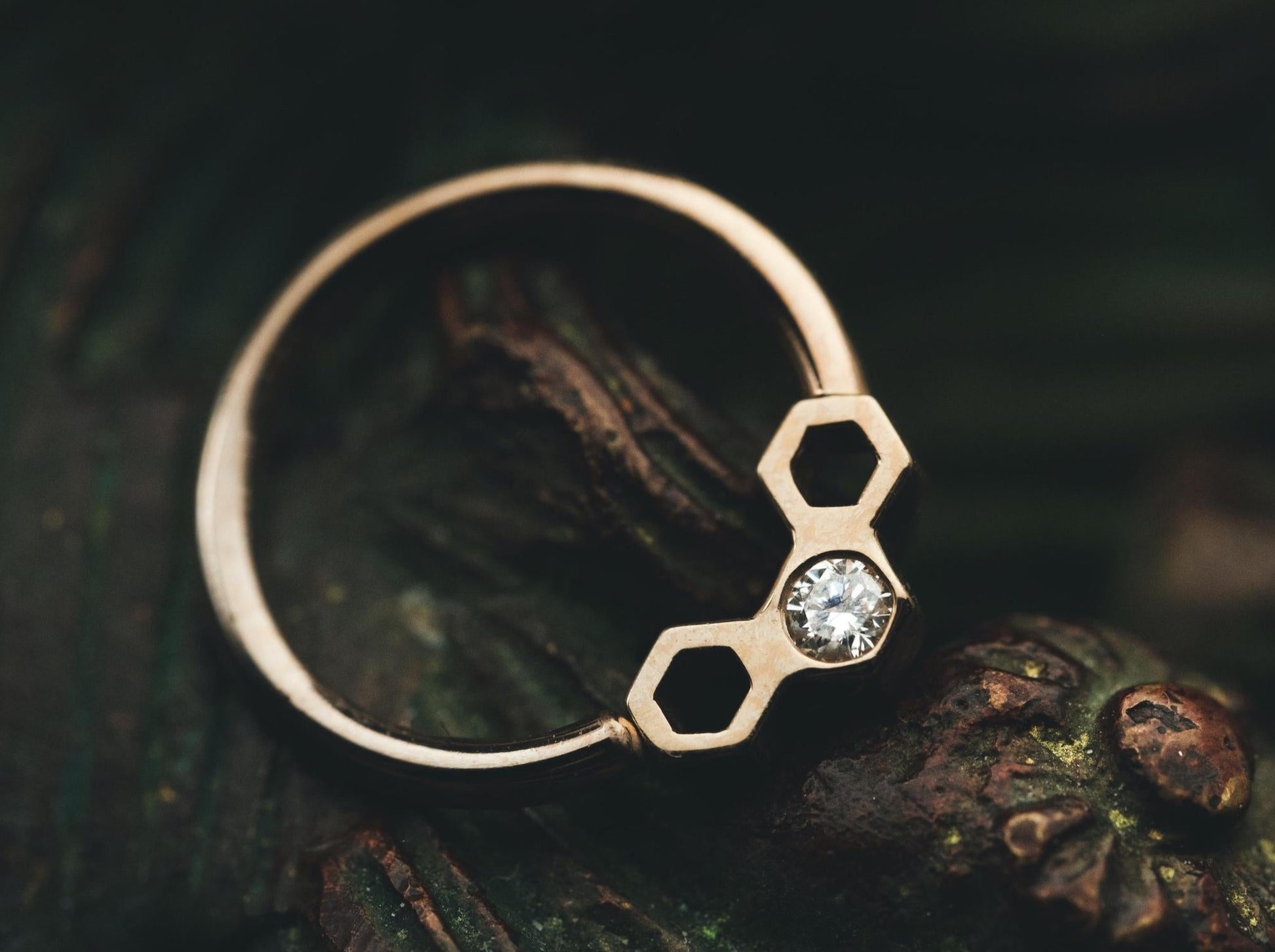Honeycomb Seam Ring 16g 3/8" with VS Diamond in 14k Rose Gold by BVLA
