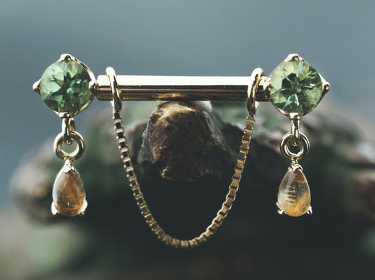 Antoinette Nipple Barbell with Seafood Tourmaline & Rutilated Quartz in 14k Yellow Gold by BVLA