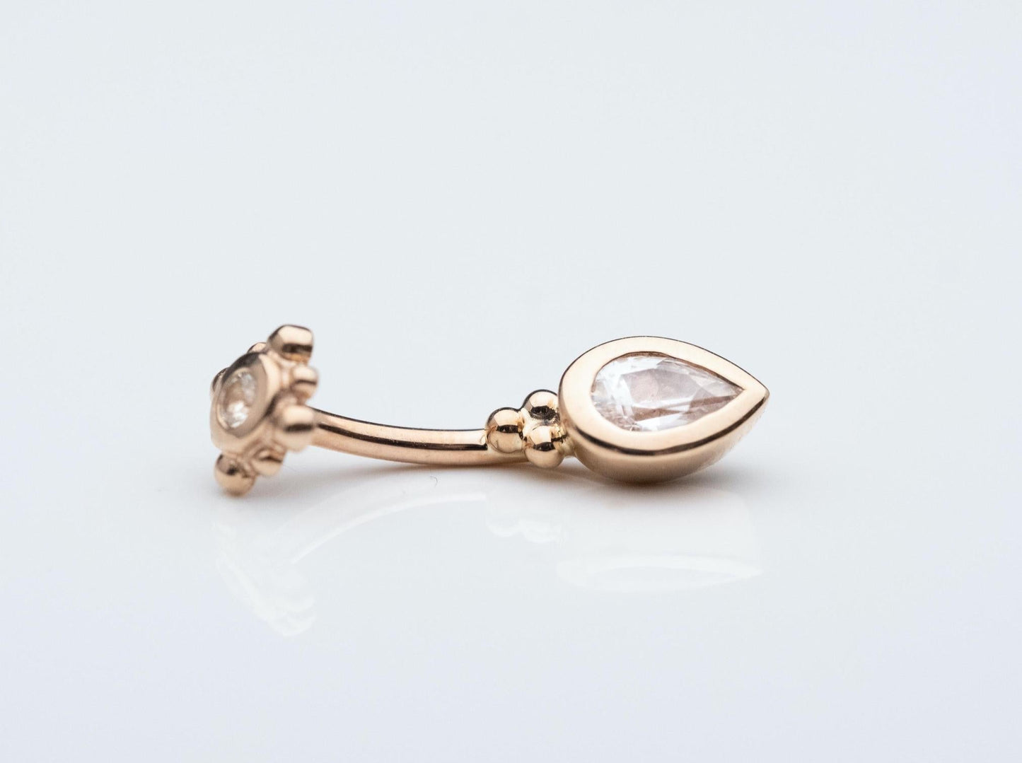 Beaded Pear Curved Barbell with White Sapphires in 14k Rose Gold in BVLA