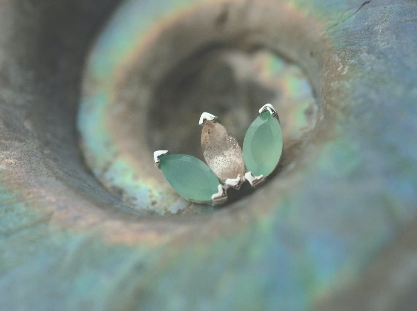 Marquise Fan with Chrysoprase & Oregon Sunstone in 14k White Gold Threaded by BVLA