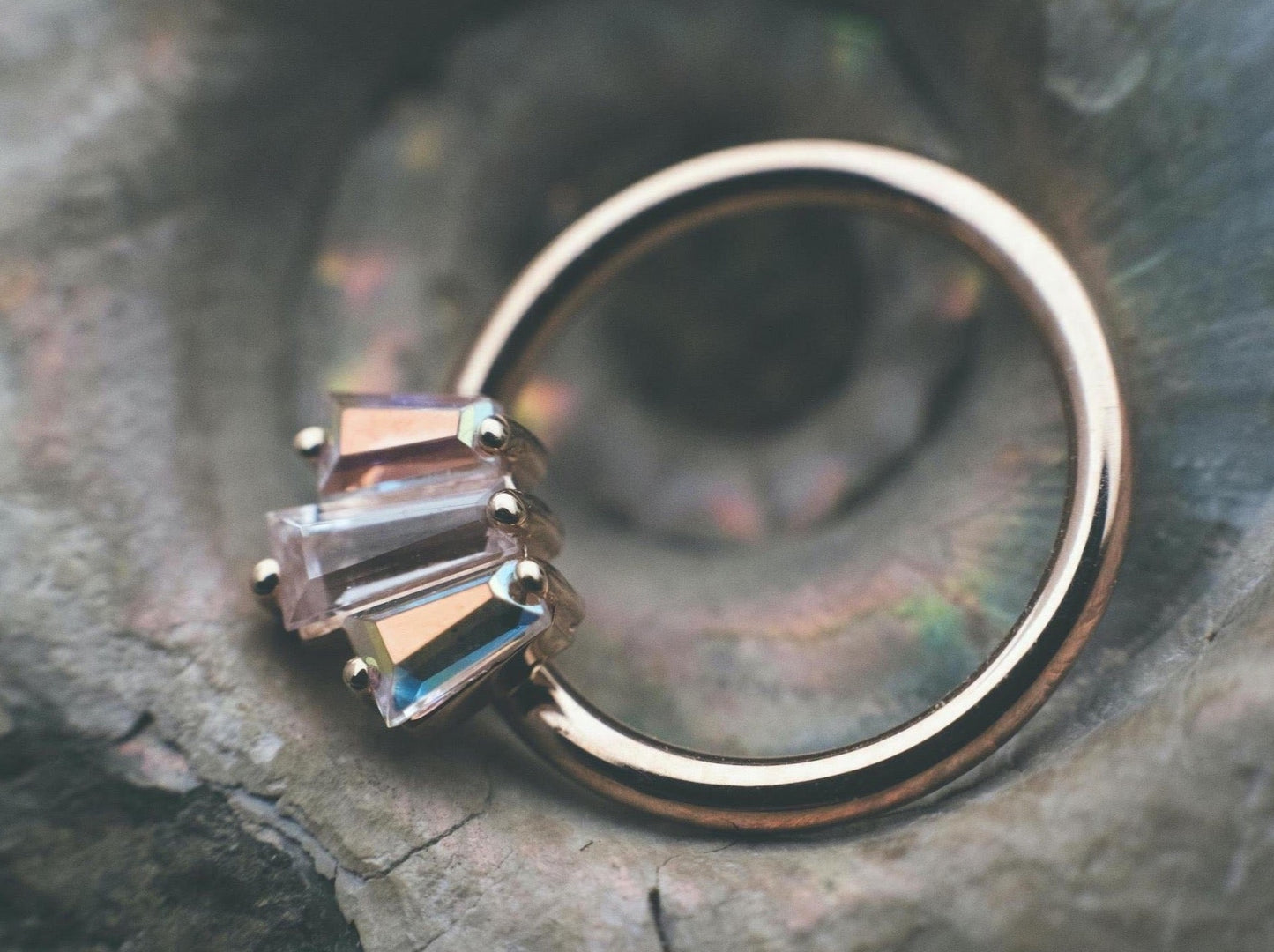 Oceane 3 Seam Ring with Morganite & Mercury Mist Topaz in 14k Rose Gold by BVLA