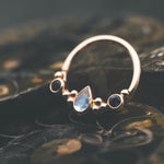 Inside Out Eden Pear Seam Ring with Amethyst & Rainbow Moonstone in 14k Rose Gold by BVLA