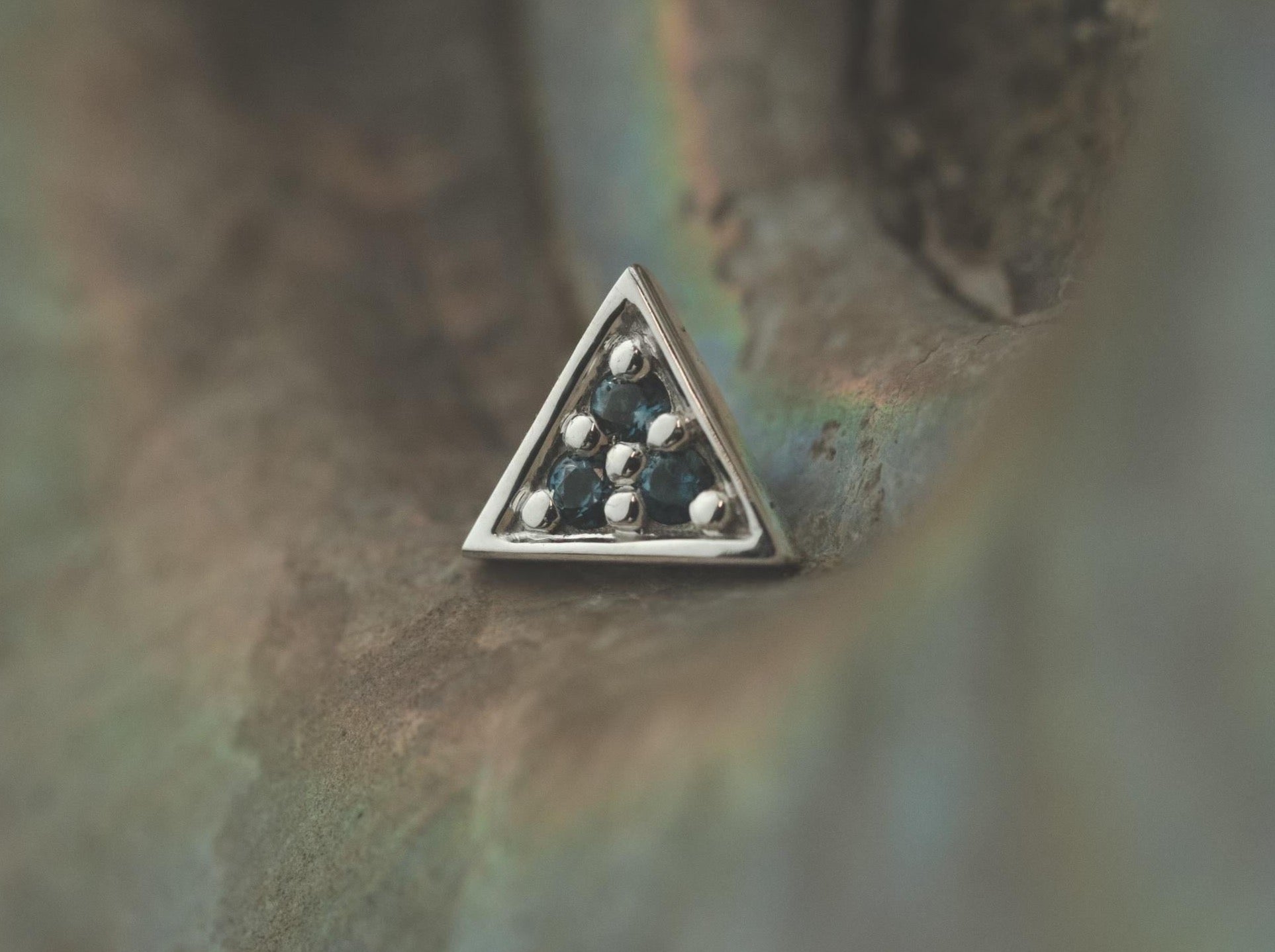 Micro Pave Triangle with London Blue Topaz AA in 14k White Gold Threaded (16g) by BVLA