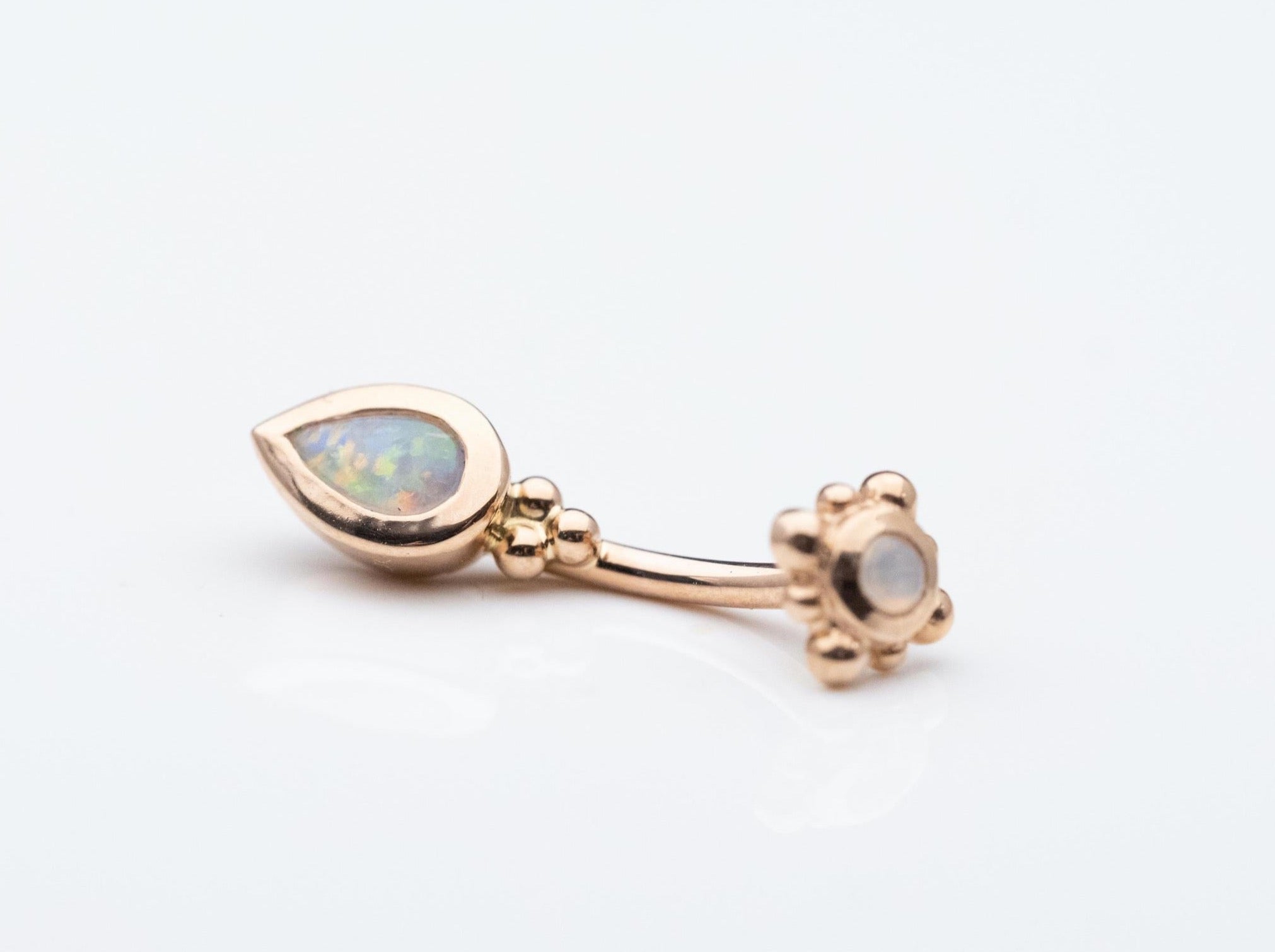 Beaded Pear Curved Barbell with White Opal AA in 14k Rose Gold by BVLA