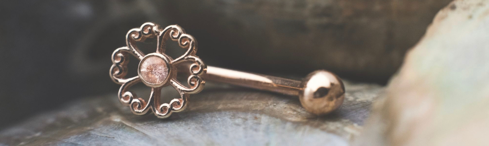 Incense Curved Barbell 16g 5/16" with Oregon Sunstone & Plain Bead Top in 14k Rose Gold by BVLA